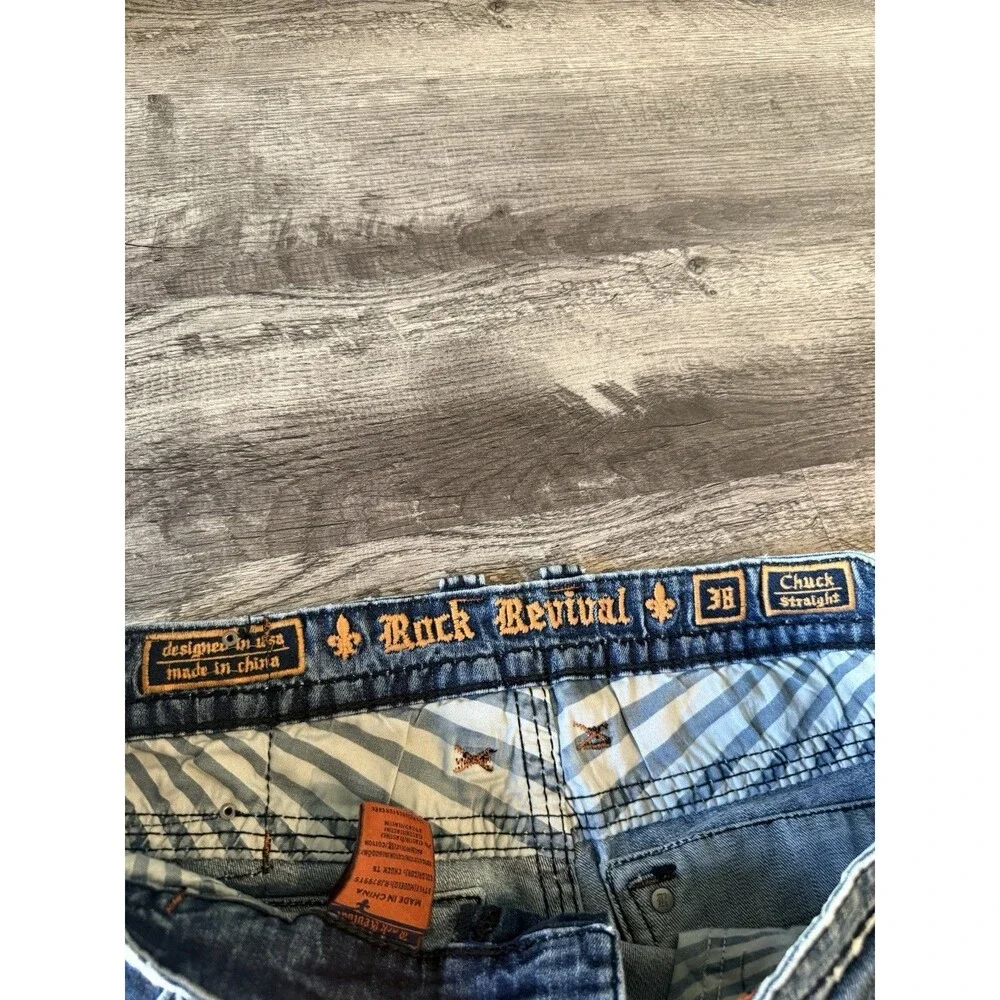Rock Revival Chuck Straight Jeans Blue Heavy Stitch Distressed Mens Size 38x33